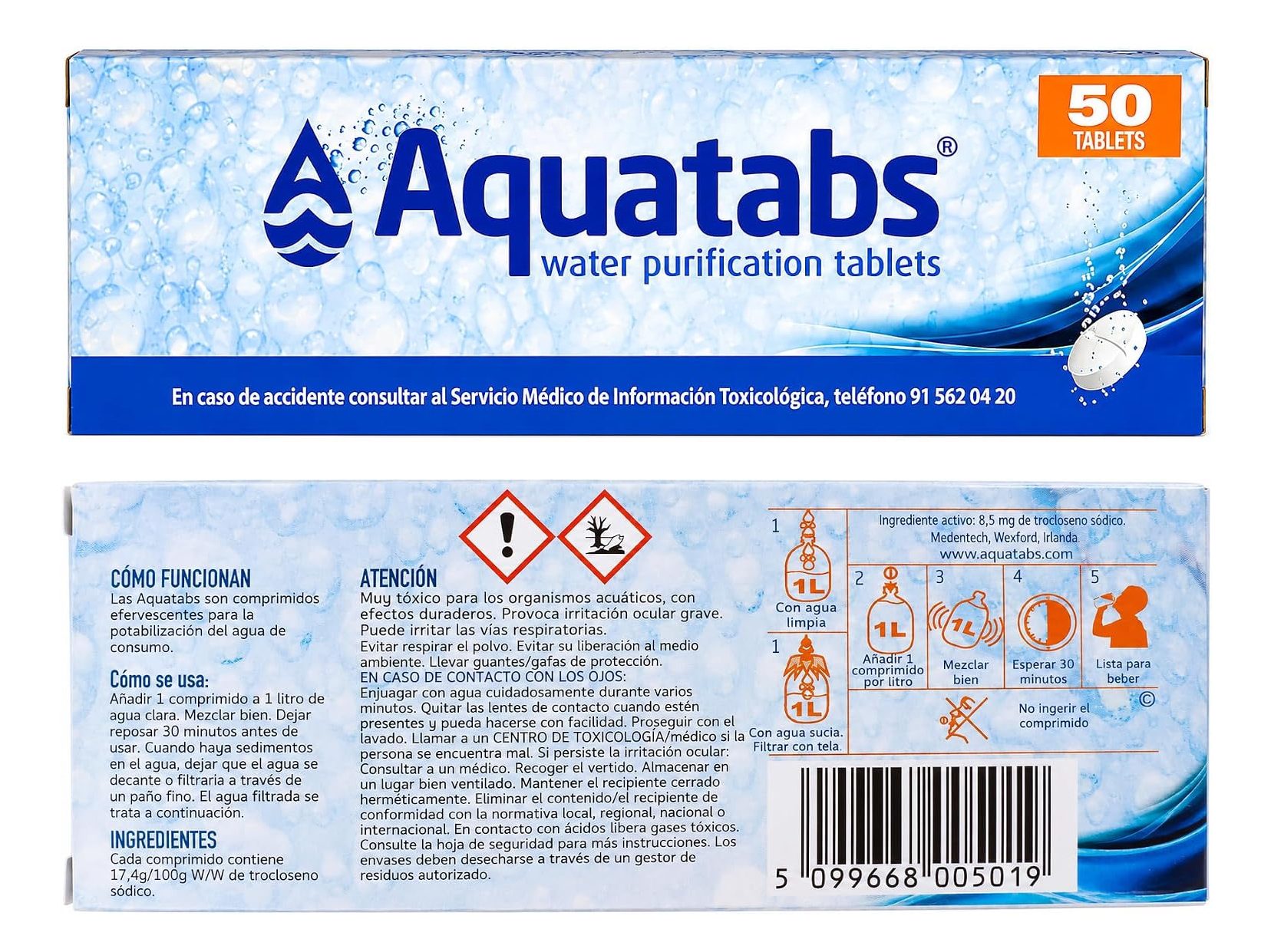 AQUATABS 8,5 MG 50 PASTILLAS POTABILIZADORAS DE AGUA REGULAR