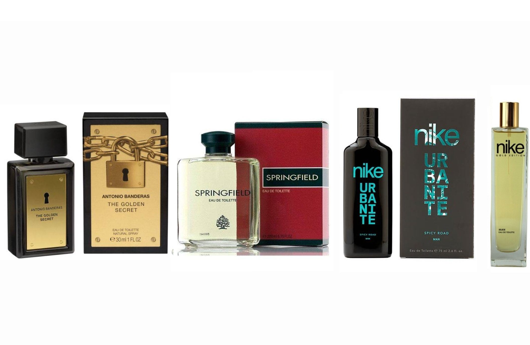 LOTE 1 DE HOMBRE: ANTONIO BANDERAS THE GOLDEN SECRET EDT 100 ML TESTER # (CAJA GENERICA) + SPRINGFIELD EDT 100 ML TESTER # (CAJA GENERICA) + NIKE MAN A SPICY ROAD URBANITE EDT 75 ML TESTER # (CAJA GENERICA) + NIKE GOLD EDITION MAN EDT 100 ML