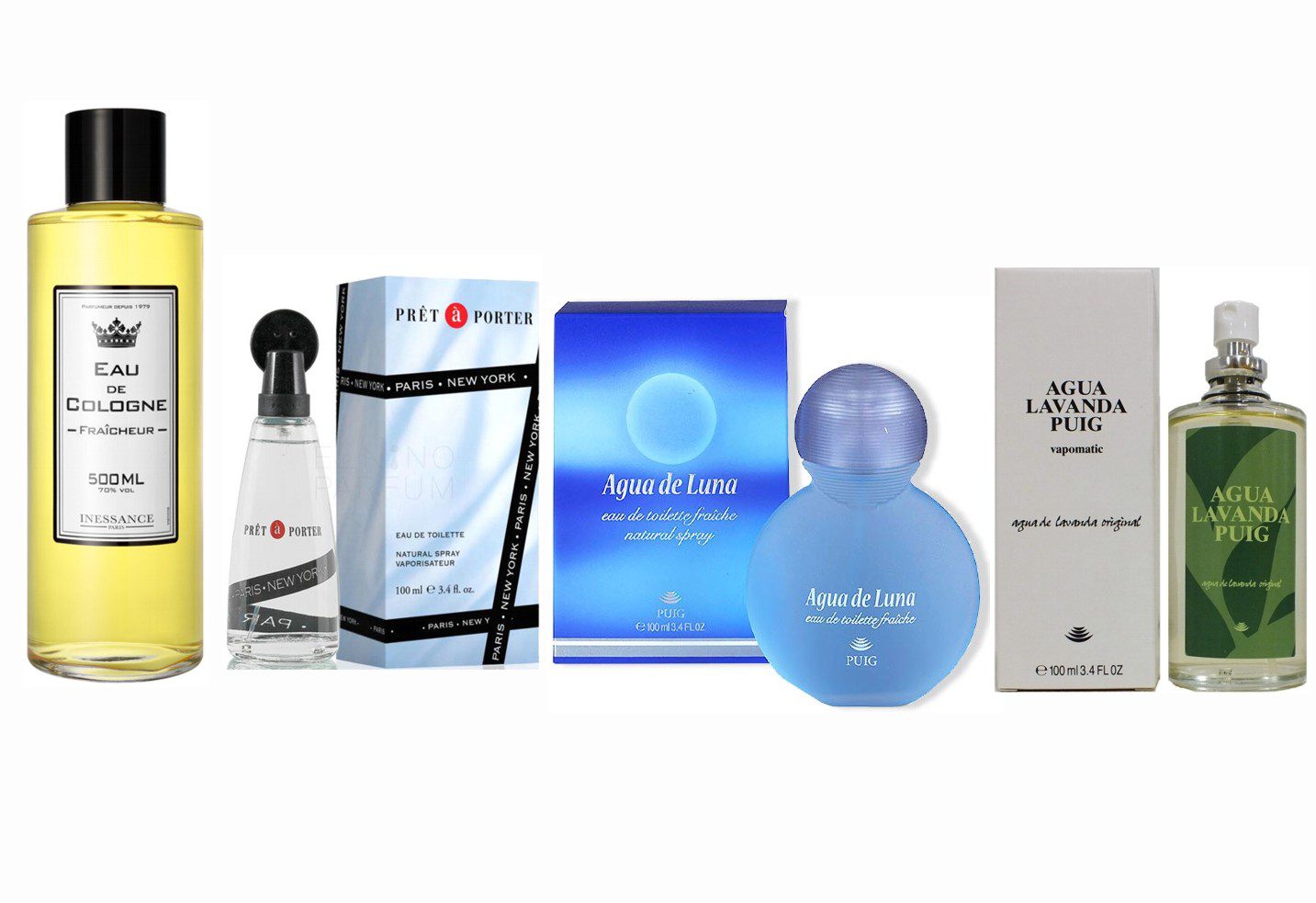 LOTE 13 DE MUJER: PRET A PORTER (FORMATO BOTELLA REDONDA) EDT 50 ML TESTER # (CAJA GENERICA) + AGUA DE LAVANDA PUIG EDT 100ML TESTER # (CAJA GENERICA) + AGUA DE LUNA FRAICHE DE PUIG EDT 100 ML TESTER # (CAJA GENERICA) + INESSANCE PARIS EAU DE COLOGNE FRAICHEUR 500 M