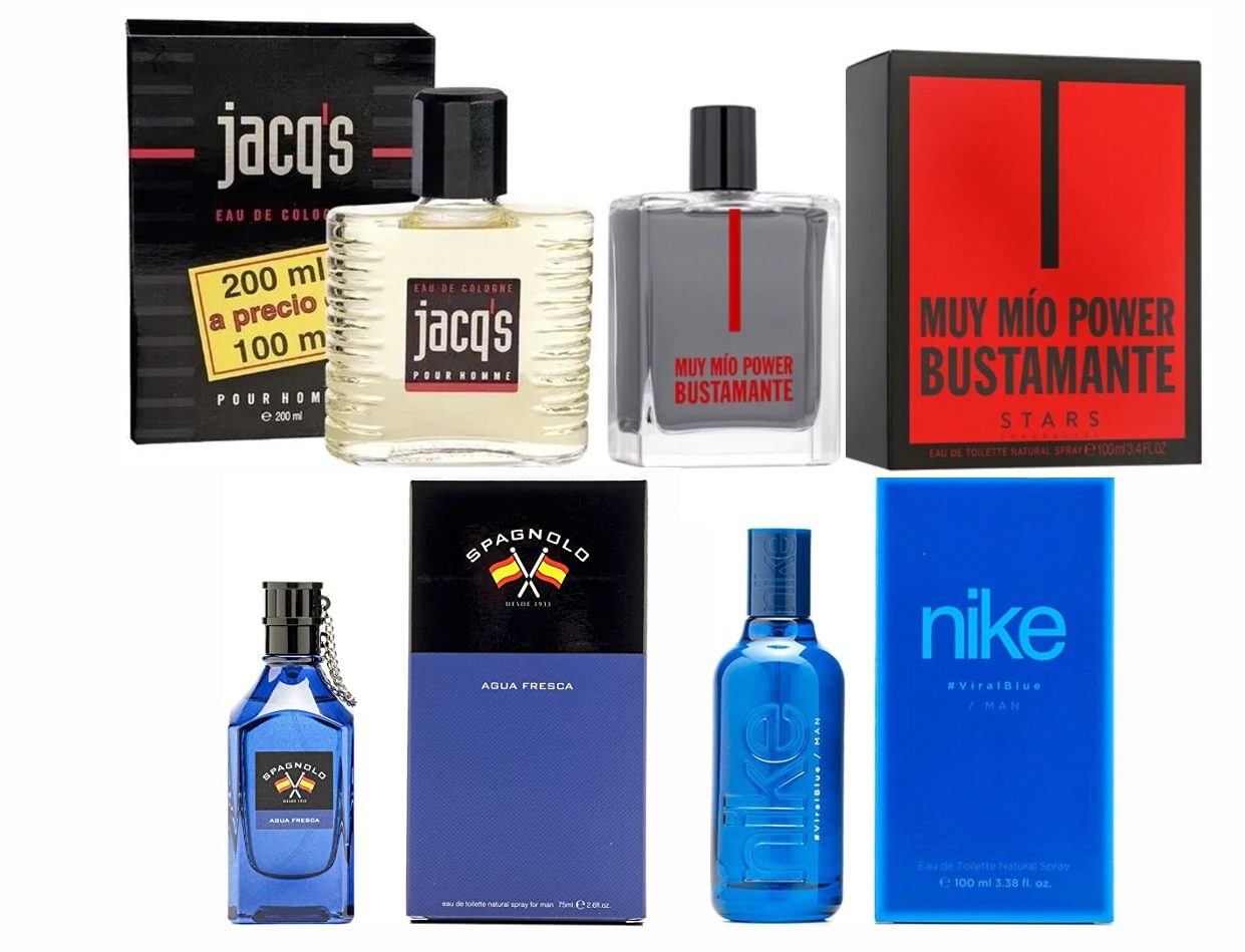 LOTE 10 DE HOMBRE: BUSTAMANTE MUY MIO POWER EDT 100 ML TESTER # (CAJA GENERICA) + JACQS EDC 200 ML TESTER # (CAJA GENERICA) + NIKE VIRAL BLUE EDT 100 ML TESTER # (CAJA GENERICA) + SPAGNOLO AGUA FRESCA EDT 75 ML