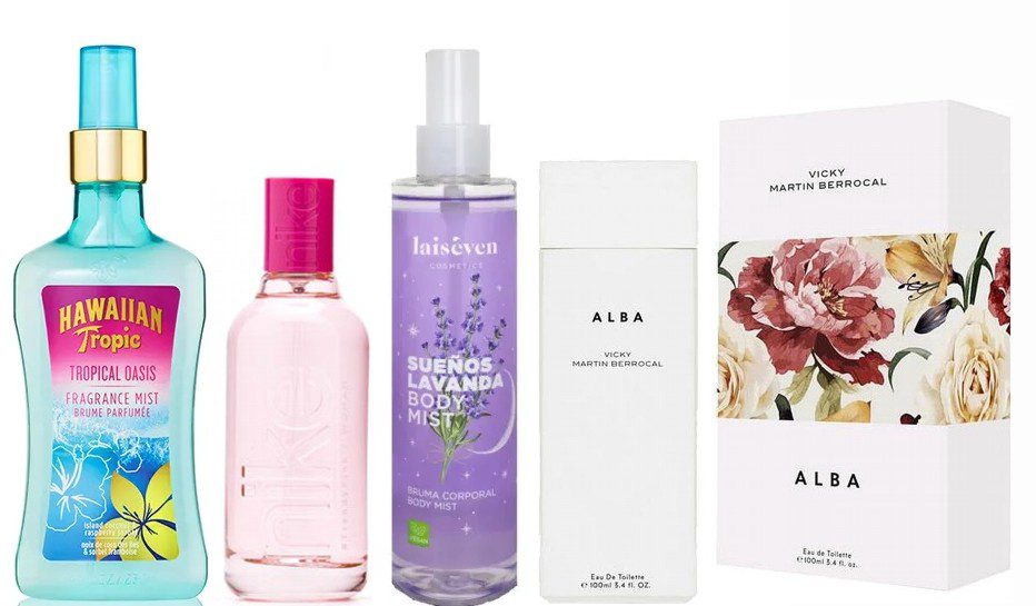 LOTE 19 DE MUJER: VICKY MARTIN BERROCAL ALBA WOMAN EDT 100 ML TESTER # (CAJA GENERICA) + BODY MIST HAWAIIAN TROPIC OASIS 250 ML TESTER # (CAJA GENERICA) + NIKE TRENDY PINK EDT 100 ML TESTER # (CAJA GENERICA) + BODY MIST LAISEVEN LAVANDA 200 ML