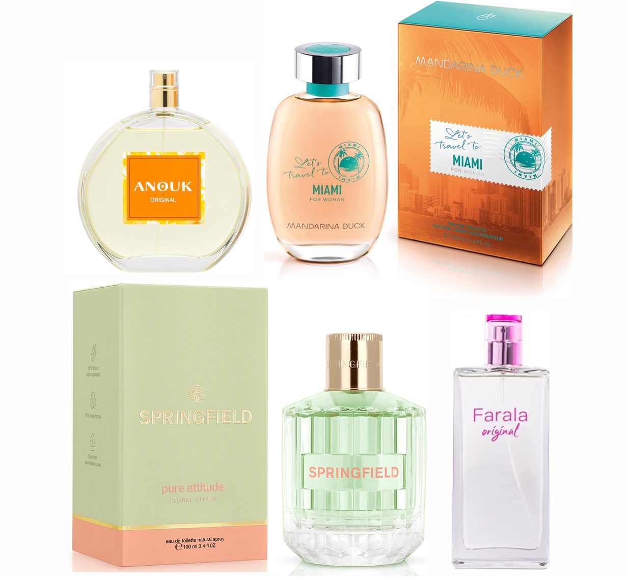 LOTE 27 DE MUJER: ANTONIO PUIG ANOUK EDT 100 ML TESTER # (CAJA GENERICA) + MANDARINA DUCK LETS MIAMI FOR HER EDT 100 ML TESTER # (CAJA GENERICA) + SPRINGFIELD PURE ATTITUDE FLORAL CITRUS EDT 100ML TESTER # (CAJA GENERICA) + FARALA ORIGINAL EDT 75 ML