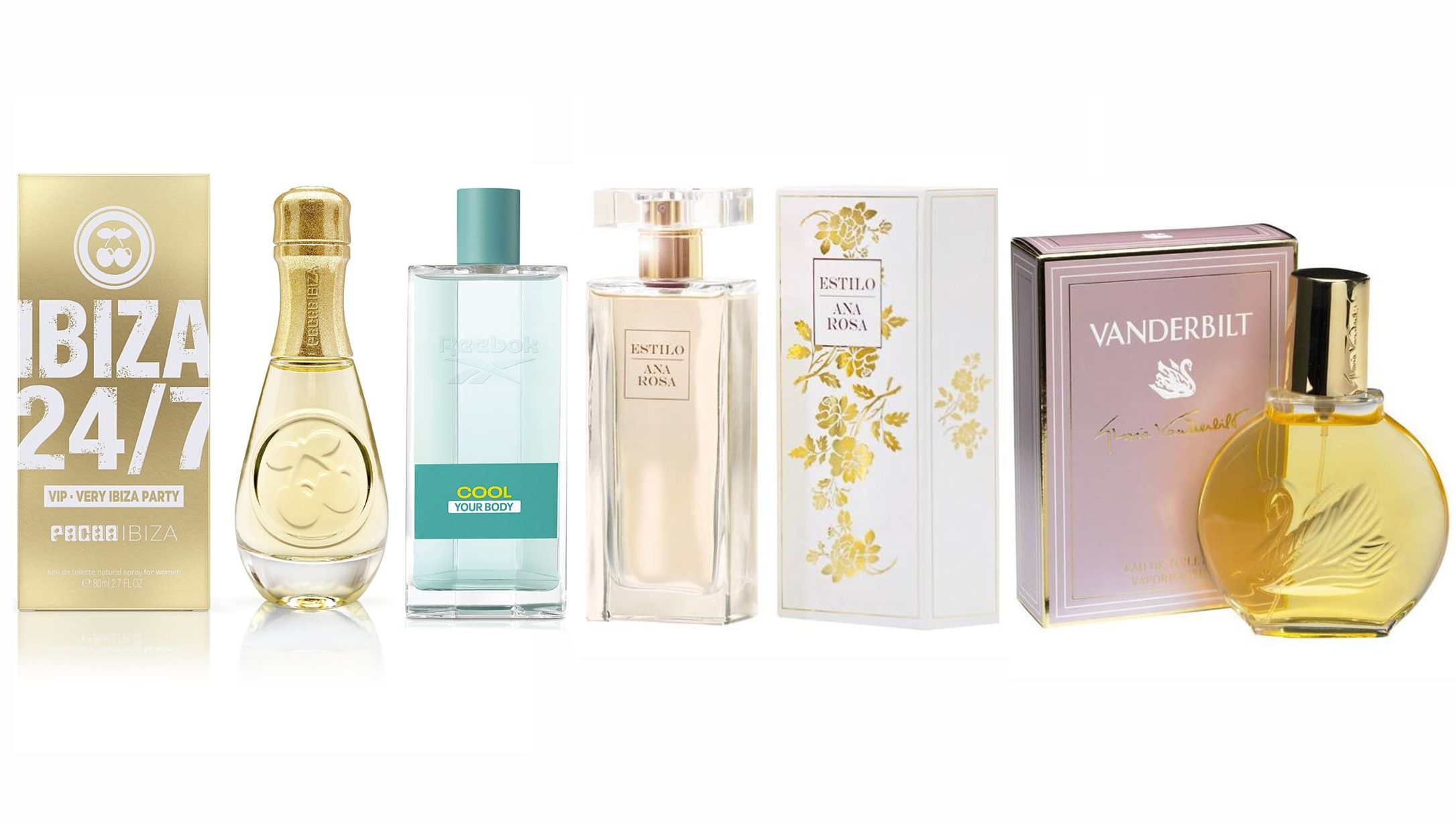 LOTE 8 DE MUJER: VANDERBILT WOMAN EDT 100ML TESTER # (CAJA GENERICA) + PACHA IBIZA 24/7 VIP WOMAN 80 ML + REEBOOK INSPIRE WOMAN EDT 100 ML TESTER # (CAJA GENERICA) + ANA ROSA ESTILO EDT 100 ML