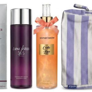 PACK 3x1 VERANO: LANCASTER 365 CONCENTRE LOTION JEUNESSE 200 ML REGULAR + WOMAN SECRET BODY MIST EXOTIC LOVE 250 ML TESTER + BOLSA NECESER NIVEA
