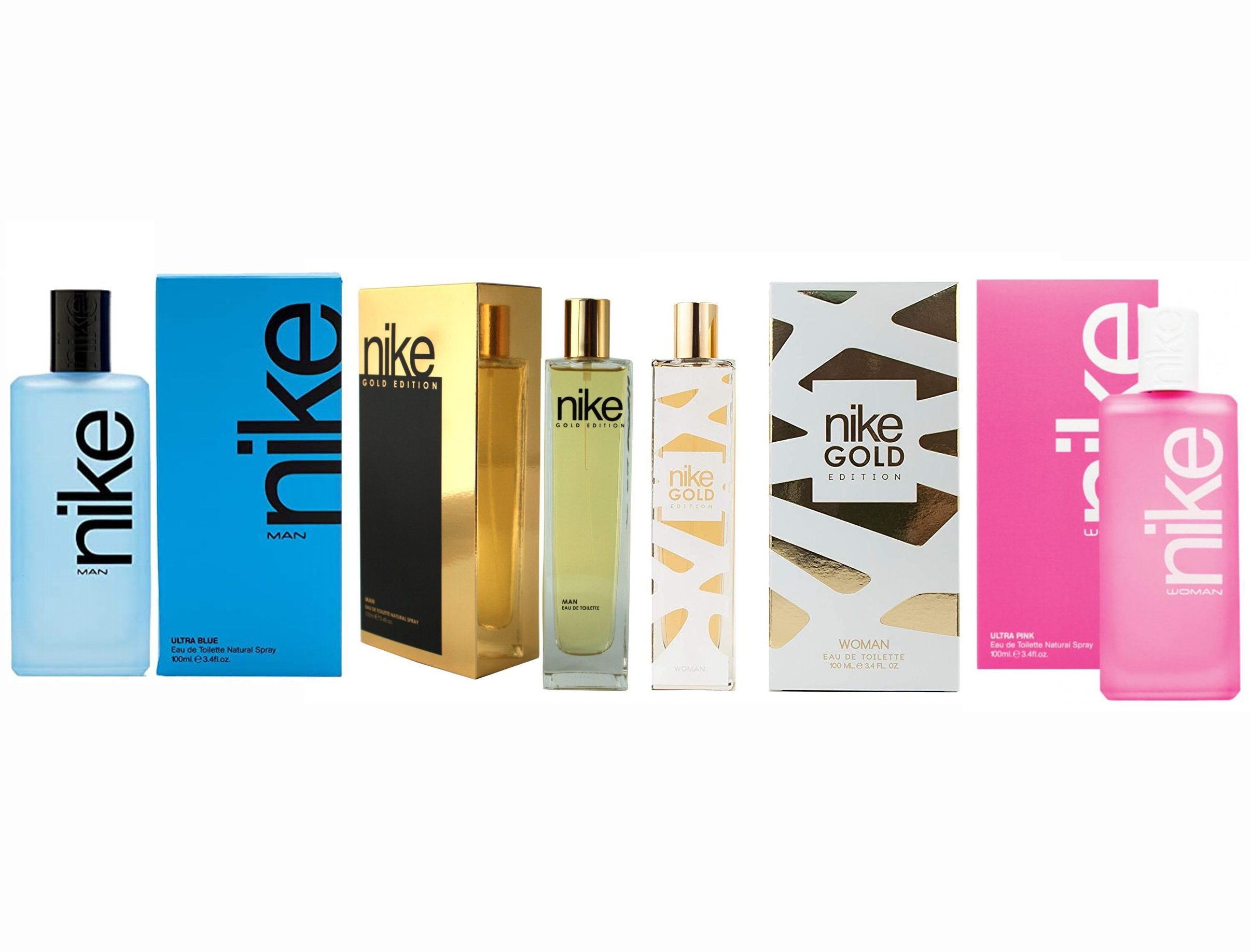 SUPER PACK NIKE: GOLD EDITION MAN EDT 100 ML TESTER # (CAJA GENERICA) + NIKE GOLD WOMAN EDT 100 ML TESTER # (CAJA GENERICA) + NIKE ULTRA BLUE MAN EDT 100 ML TESTER # (CAJA GENERICA) + NIKE ULTRA PINK WOMAN EDT 100 ML TESTER # (CAJA GENERICA)